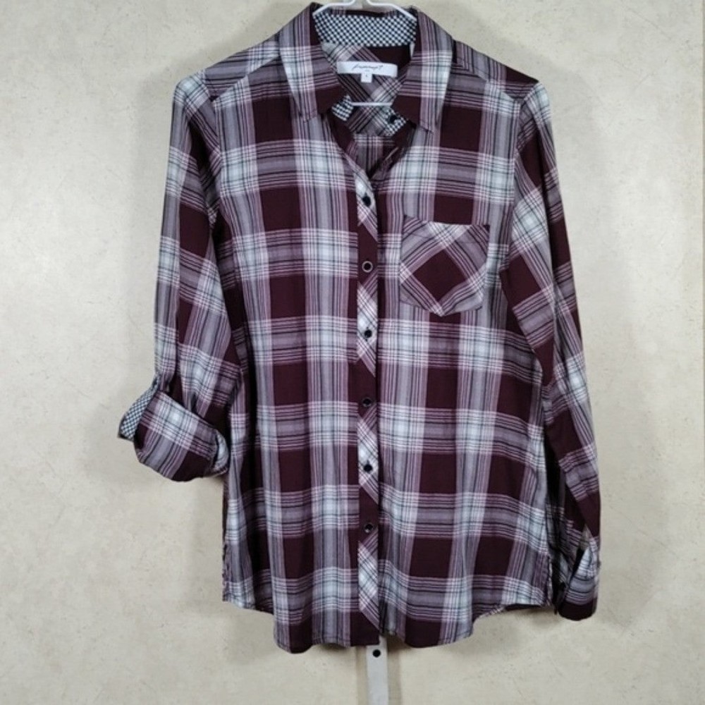 *D133 Foxcroft maroon, white & gray plaid cotton button up shirt 4 CLEARANCE